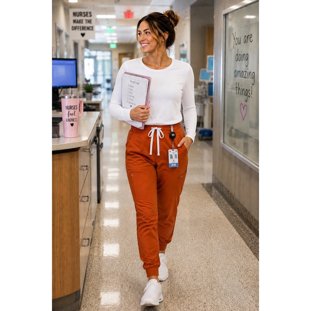FIGS Technical Collection Scrub Jogger Pants Rust Terracotta Drawstring Cargo